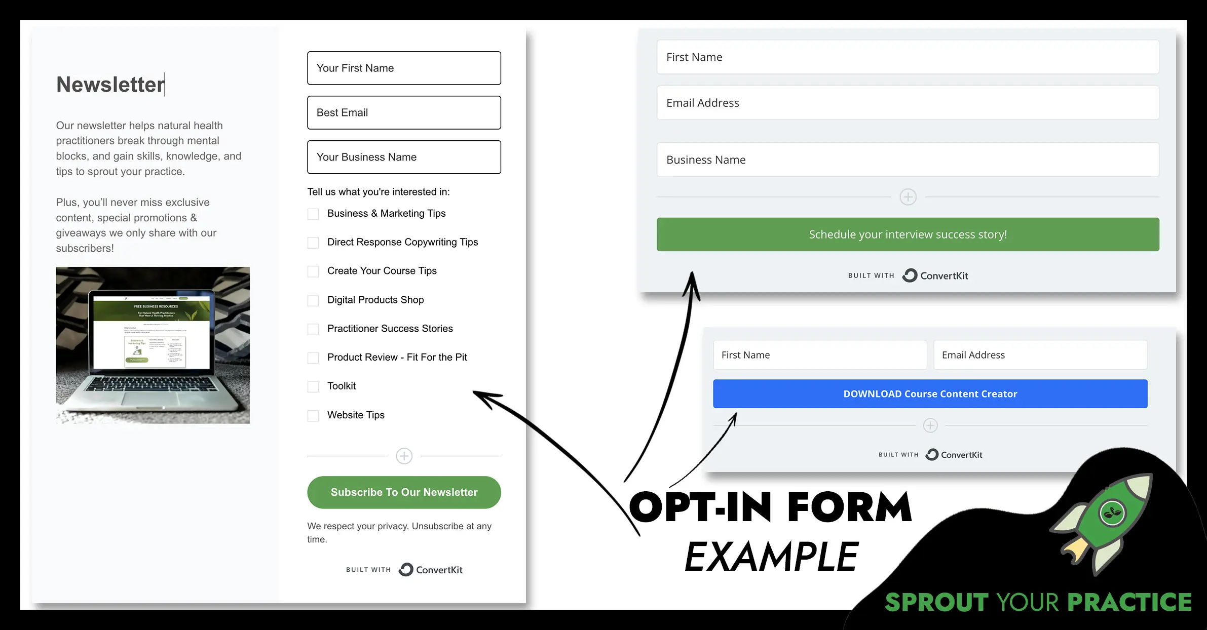 Three examples of Optin Forms from simple to advanced