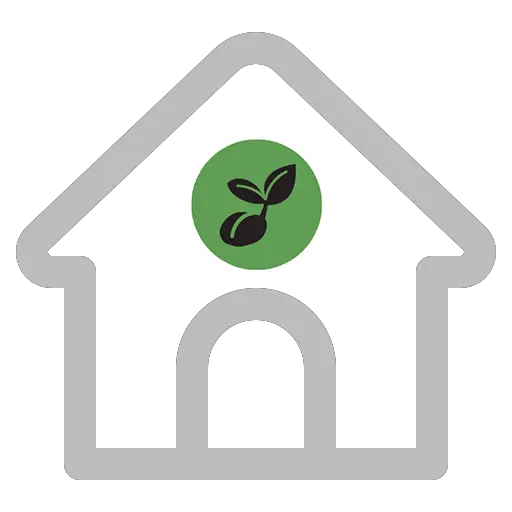 Icon of a home outlined in grey with sprout your practice green black logo in the center