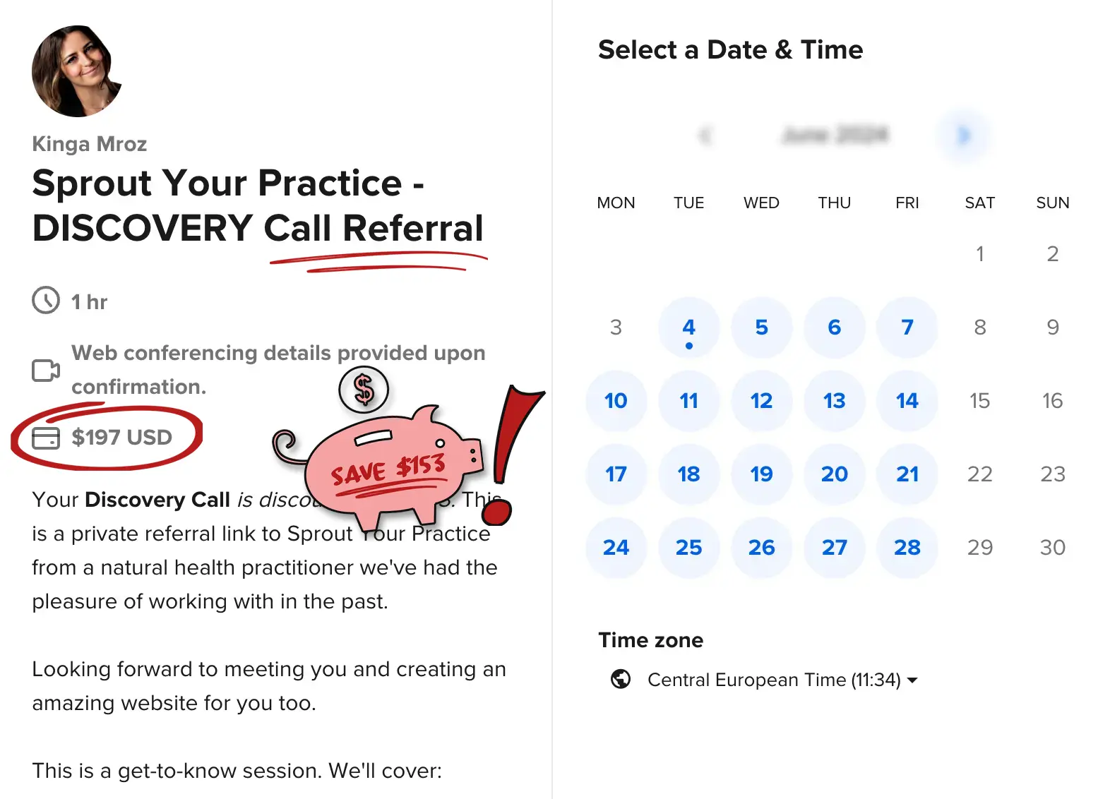 Calendar booking with dates on the left and description on the right Referral is red underlined telling client that there is a $153 discount