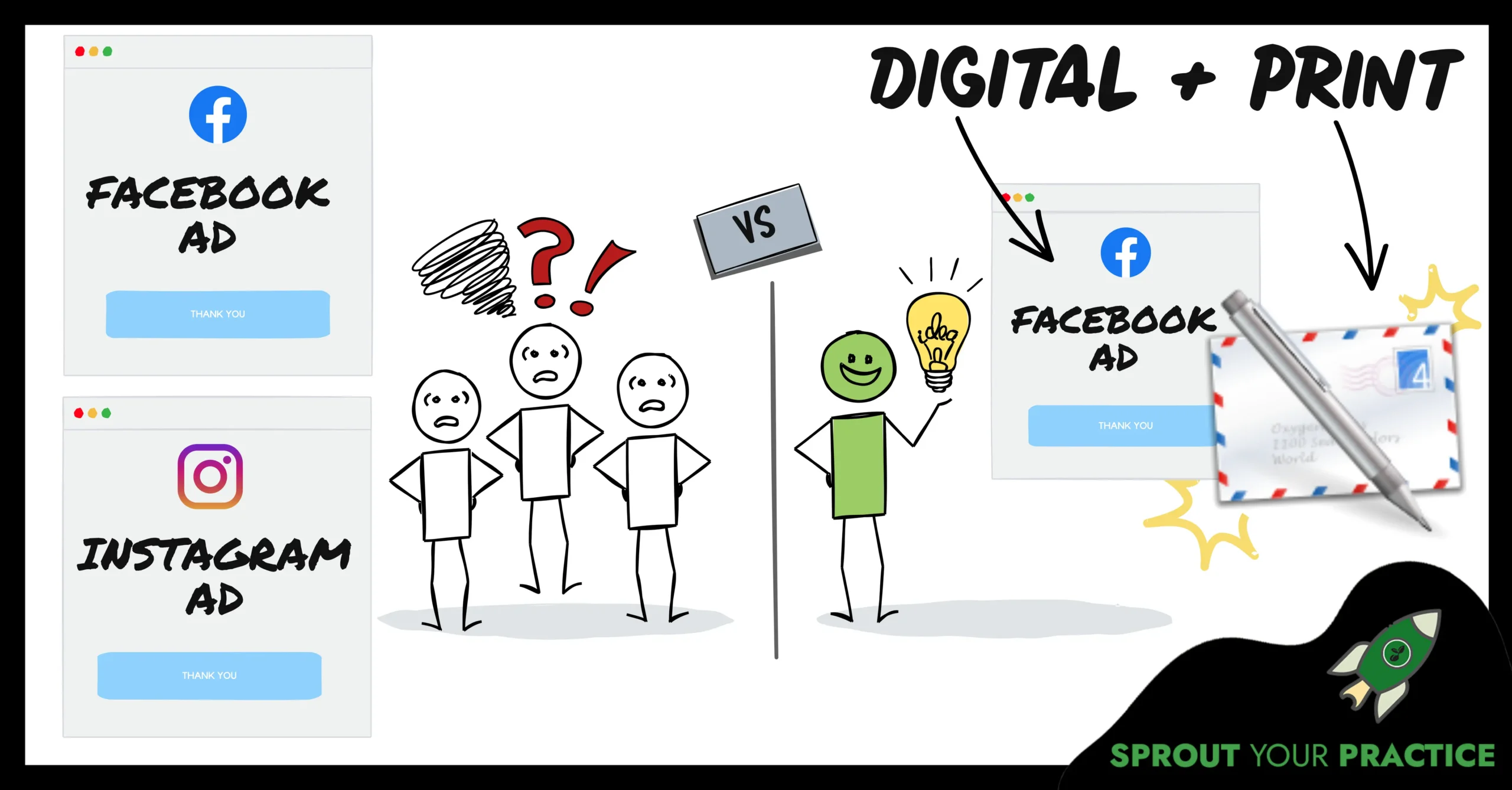 Infographic showing practitioners on left only doing digital ads and practitioner on the right doing print and digital ads