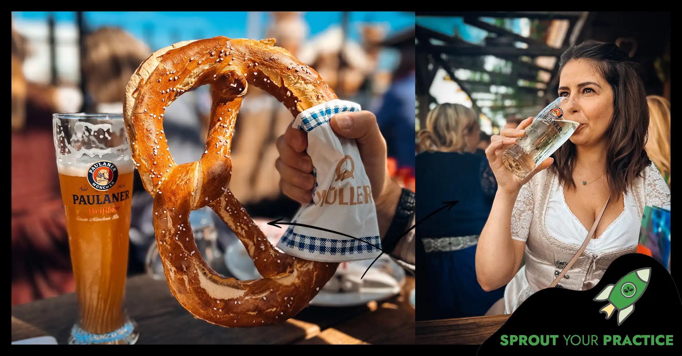 Image of special Octoberfest beer with a Bavarian pretzel & a girl in a dirdle drinking beer