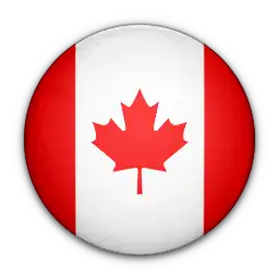 Canadian flag in a circular shape with two vertical stripes on the left and right with a red clover leaf in the middle