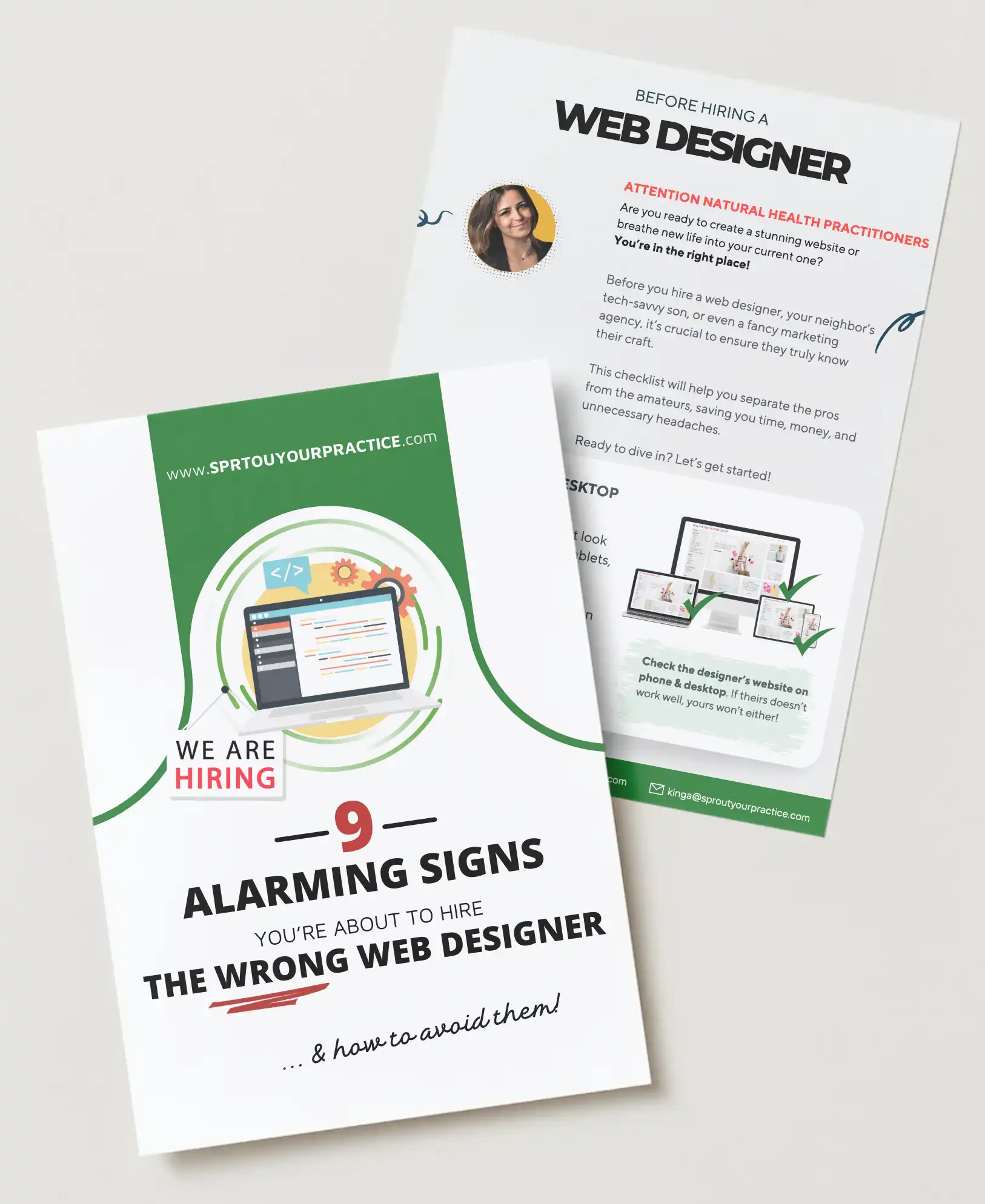 Cover of '9 Alarming Signs You Are About to Hire the Wrong Web Designer' by Sprout Your Practice, showing a bold title with a professional design targeted at natural health practitioners, emphasizing the importance of choosing the right web designer.