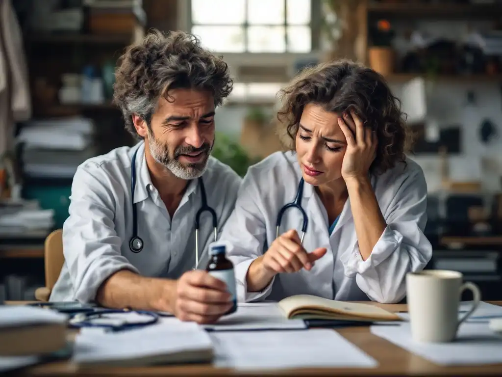 An overwhelmed natural health practitioner in a messy office reaching for Solex - Blue, showcasing how a direct response copy example connects product benefits to solving customer challenges effectively
