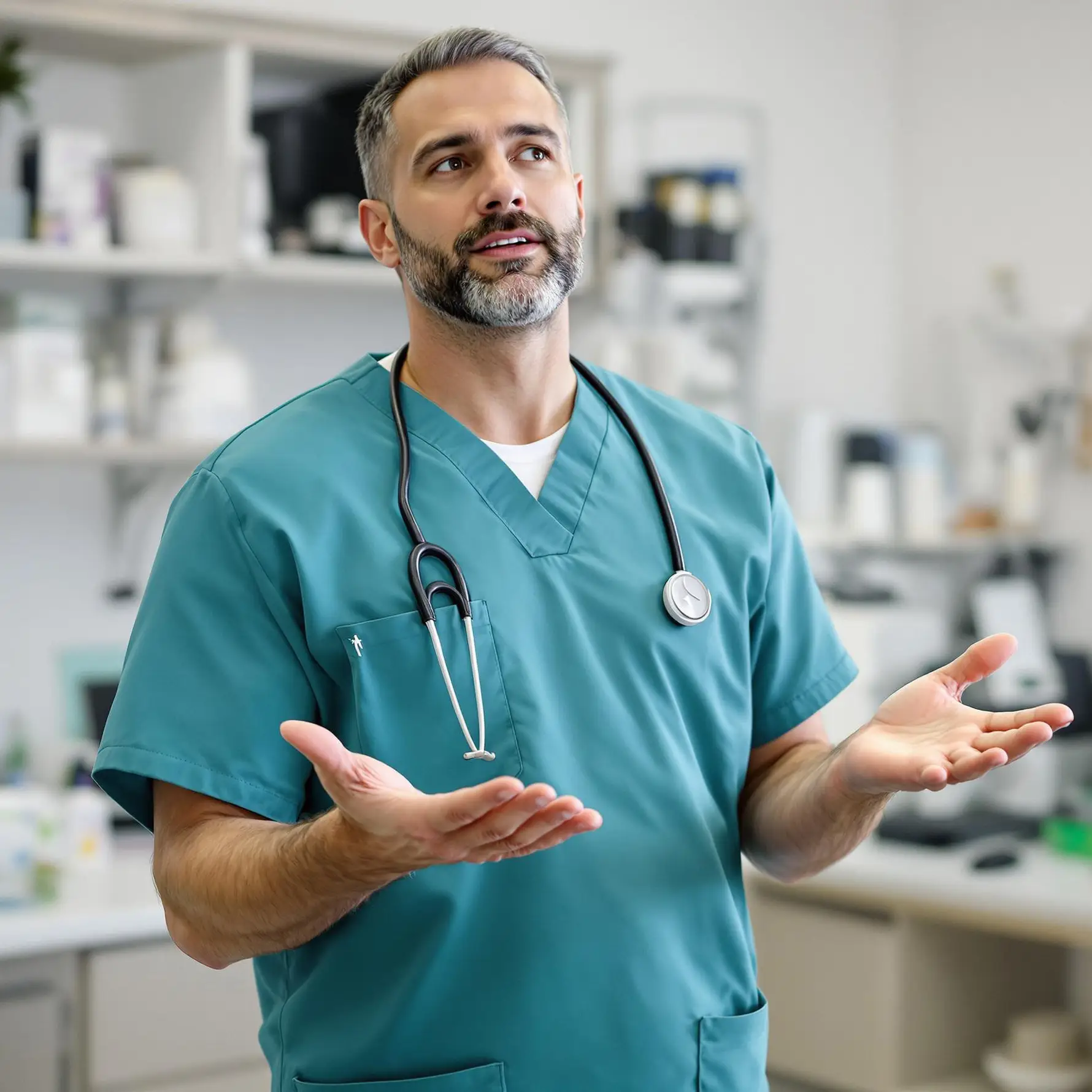 Male health practitioner in scrubs shrugging his shoulders with a questioning expression – FAQ For Wellness Practitioners