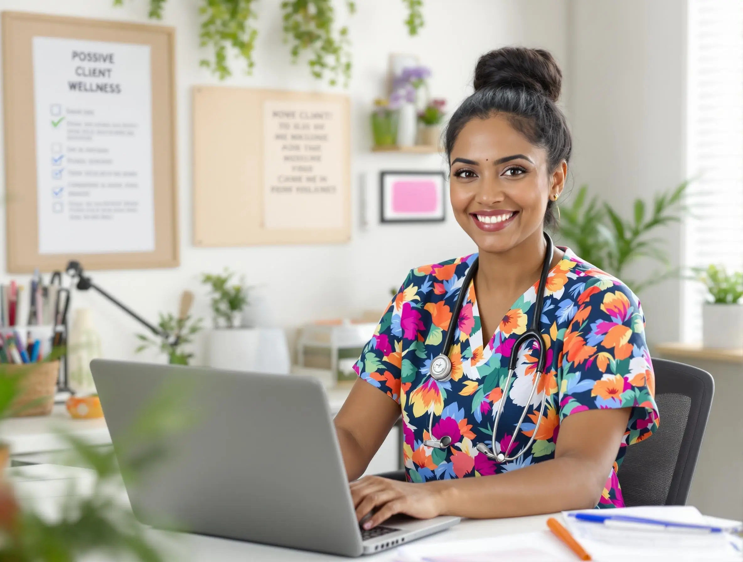 Middle-aged East Indian female practitioner sitting in her office, wearing fun colorful scrubs, receiving monthly tech support—including website updates, SEO, and business solutions—from Sprout Your Practice.