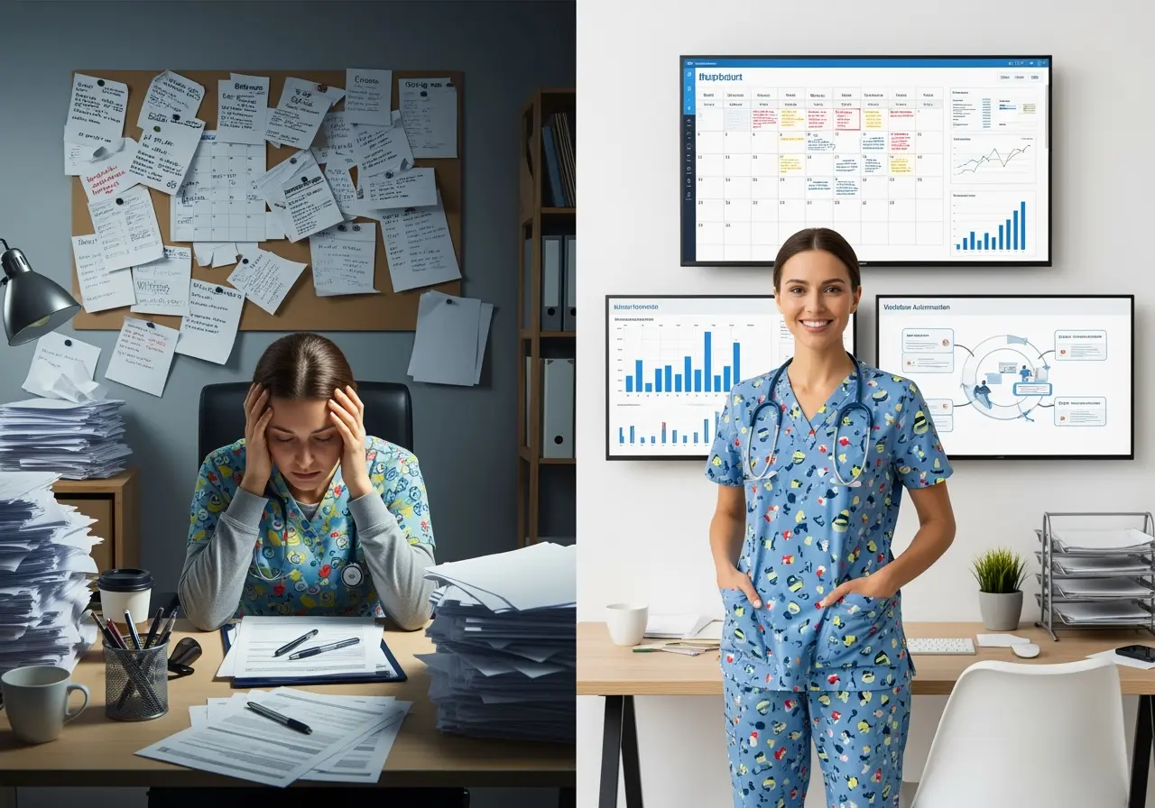 Before-and-after scene of a female health practitioner in scrubs, transforming from overwhelmed in a cluttered office to confident and organized in a bright, efficient workspace, visually representing the benefits of funnel and automation services for practitioners.