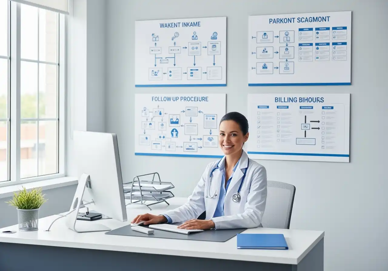 Organized practitioner in a tidy office with workflow diagrams and digital tools, demonstrating how funnel and automation services streamline practice operations for practitioners.
