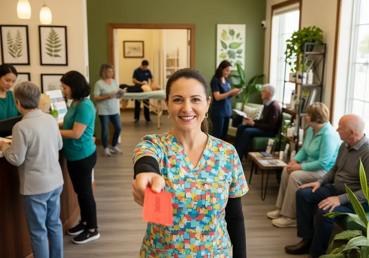 Female natural health practitioner in colorful scrubs holding a red ticket, ready to submit a ticket in a busy clinic with patients and staff in the background