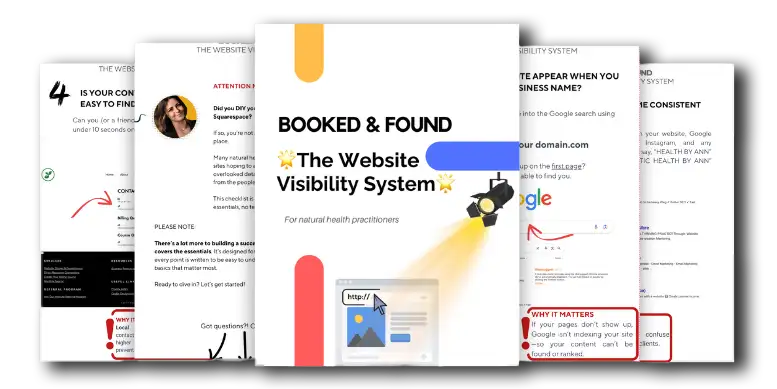 Mock up of the front cover and 4 pages from the Website Visibility System for Natural Health Practitioners created by sprout your practice