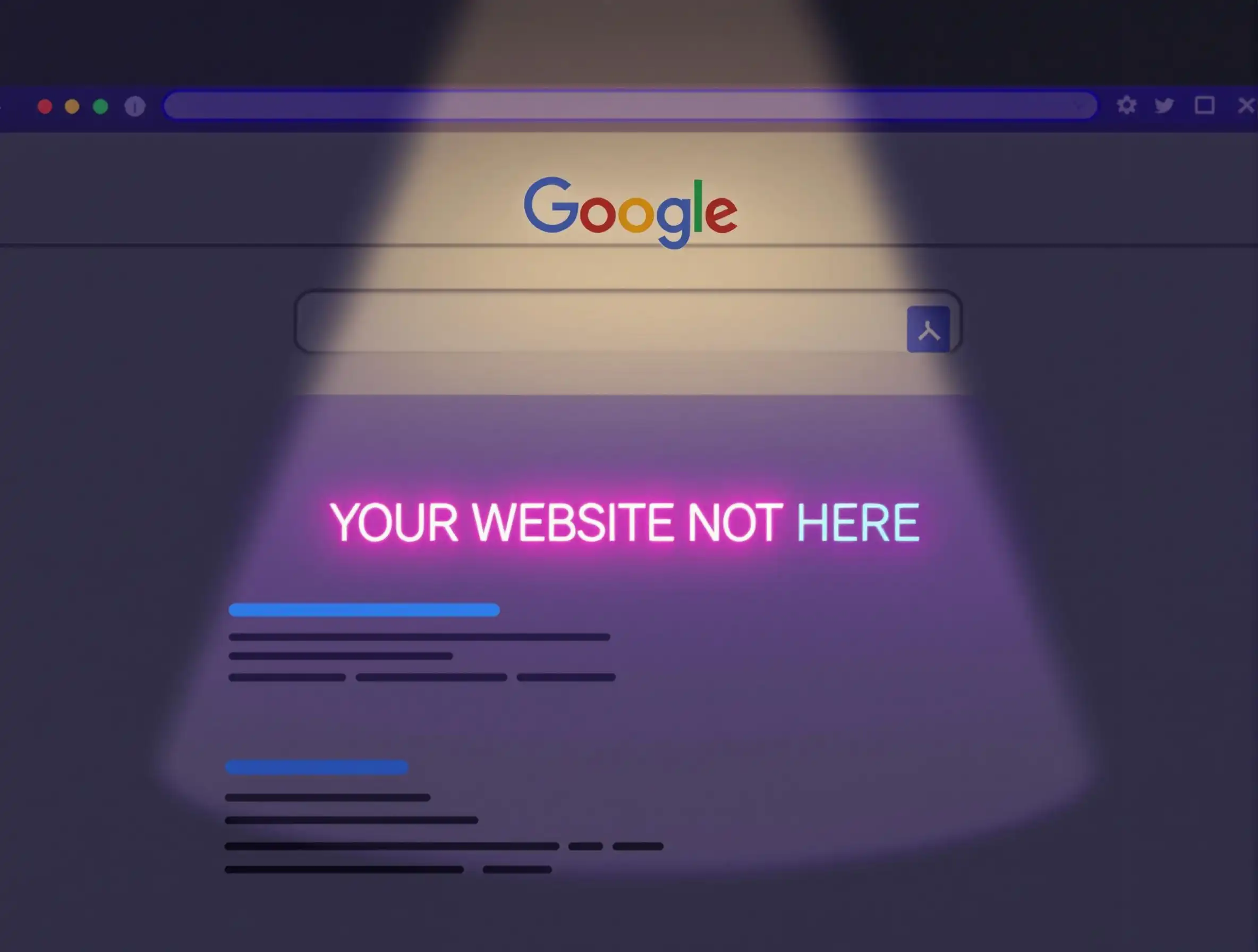 Google search results page illustration with a dramatic spotlight highlighting a large empty space. In the spotlighted area, bold neon text reads “YOUR WEBSITE NOT HERE,” visually emphasizing the absence of a website in the search results. The rest of the page is dimmed, drawing attention to the missing listing.