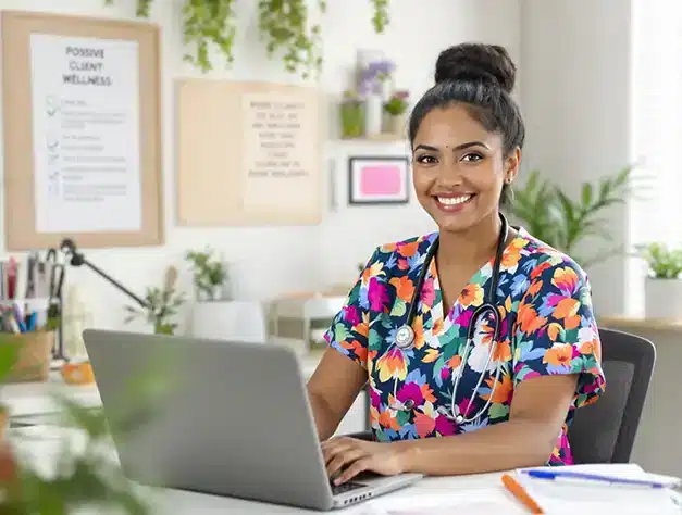 Middle-aged East Indian female practitioner sitting in her office, wearing fun colorful scrubs, receiving monthly tech support—including website updates, SEO, and business solutions—from Sprout Your Practice