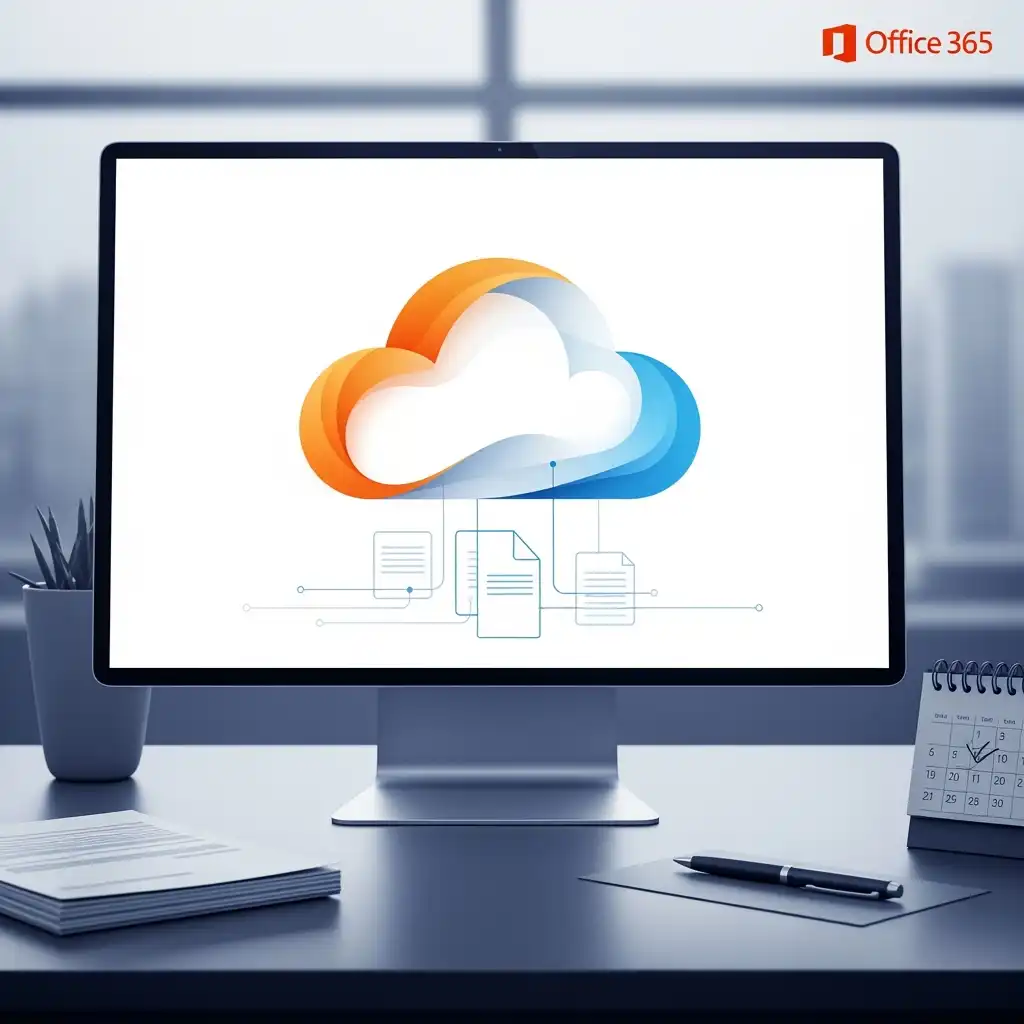 Screenshot-style illustration showing Office 365 with OneDrive and Outlook icons, representing cloud storage and email setup for health practitioners