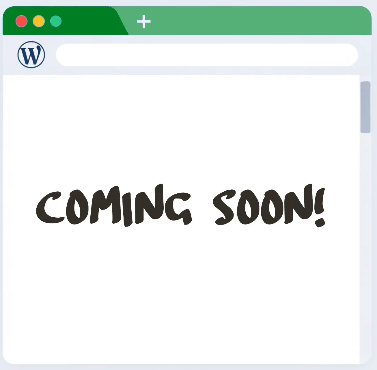 Illustration of a web browser window with the WordPress logo and the text COMING SOON, indicating upcoming tutorials and guides for WordPress
