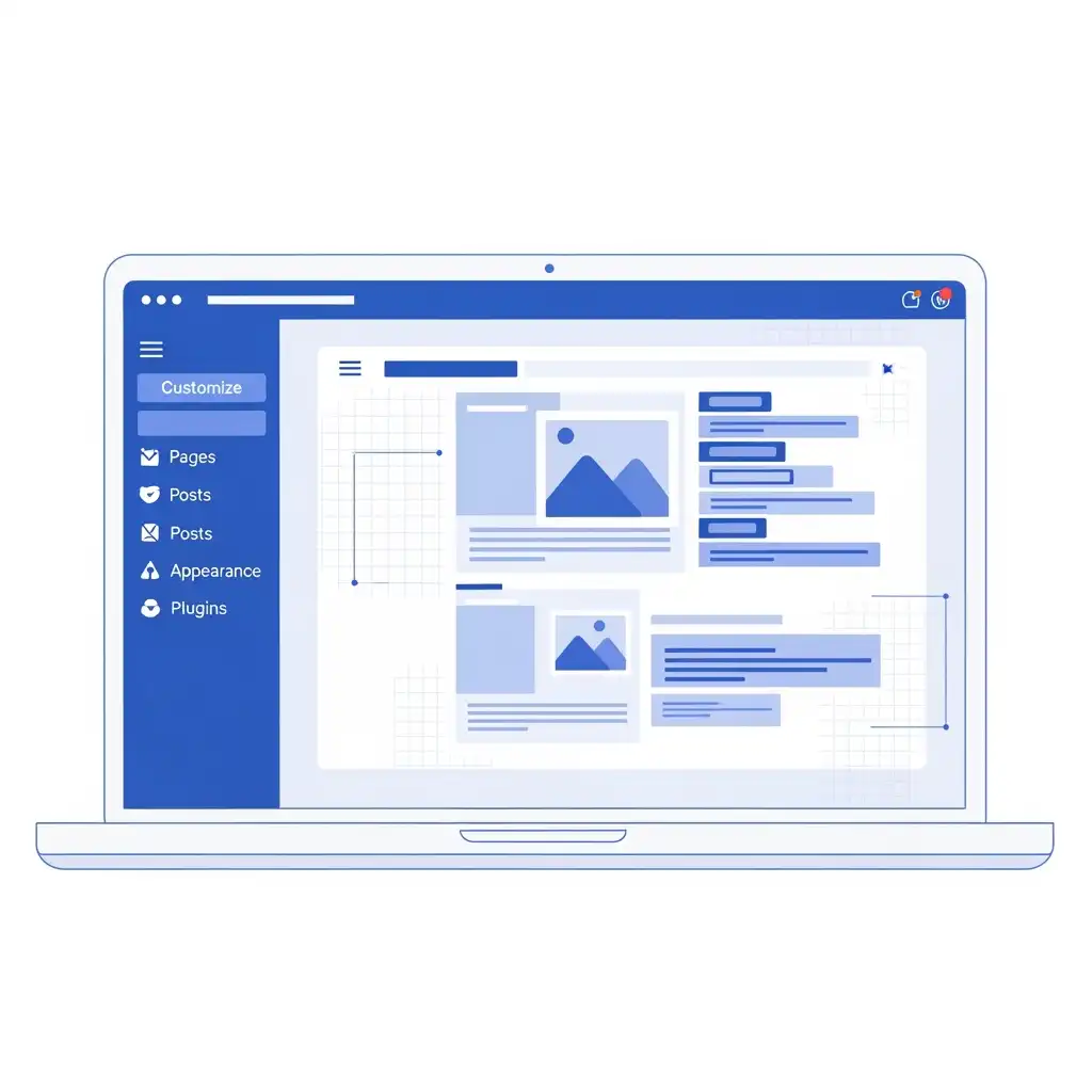 Illustration of a modern website builder interface on a laptop screen, representing WordPress website creation for health practitioners