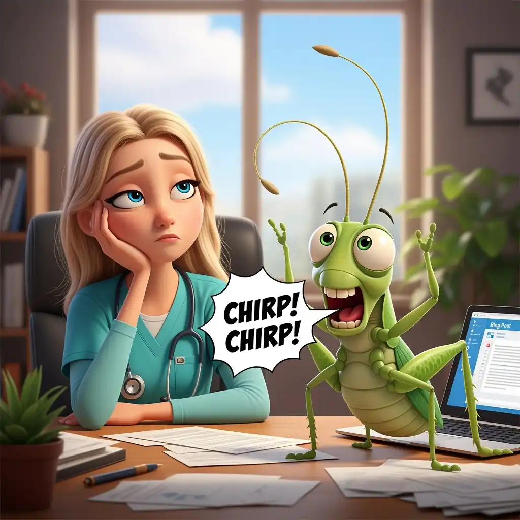 Pixar-style illustration of a young blonde female health practitioner in vibrant scrubs, sitting bored at her desk with cartoon crickets everywhere—representing the effects of neglecting blogging and off-page SEO for website growth.