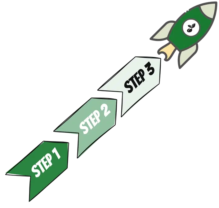 Illustration of a green rocket launching through three steps labeled Step 1, Step 2, and Step 3, representing the Sprout Your Practice approach for building, expanding, and supporting a natural health practice.